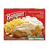 Banquet&nbsp;&nbsp;chicken fried chicken meal with mashed potatoes, gravy, and corn Full-Size Picture